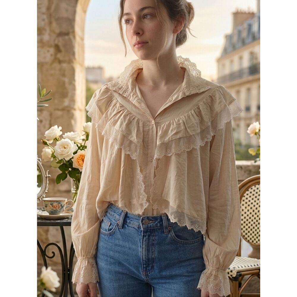 🤍Korean Chic Lace Ruffle Blouse in Cream